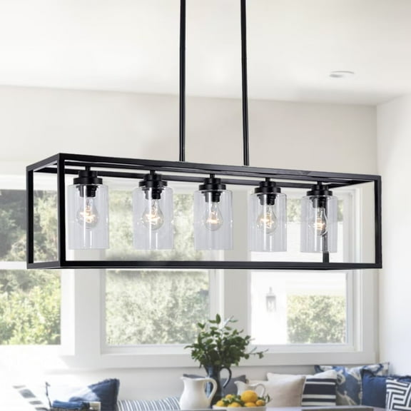AFANQI 37 Inch 5 Light Black Rectangular Pendant Light，with Clear Glass Shade Hanging Linear Pendant Light，for Dining Room Kitchen Island Bedroom