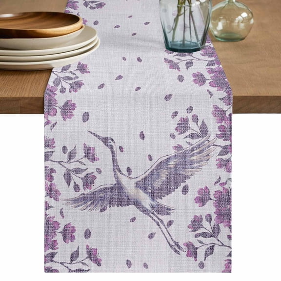 Purple Crane Silhouette Table Runner 90 Inches, Modern Abstract Flowers Botanical Bed Runner Dresser Scarves Tabletop for Indoor Outdoor Parties/Ceremony/Banquet, 13" x 90"