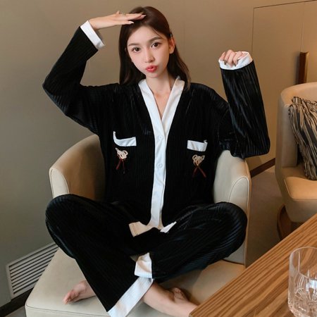 

Casual Pajamas Set for Women Fashion Fleece Cardigan Long Sleeve Sleepwear Fashion Fleece Cardigan Long Sleeve Warming Sleepwear Comfortable Breathable Casual Pajamas Set Autumn Winter L Black