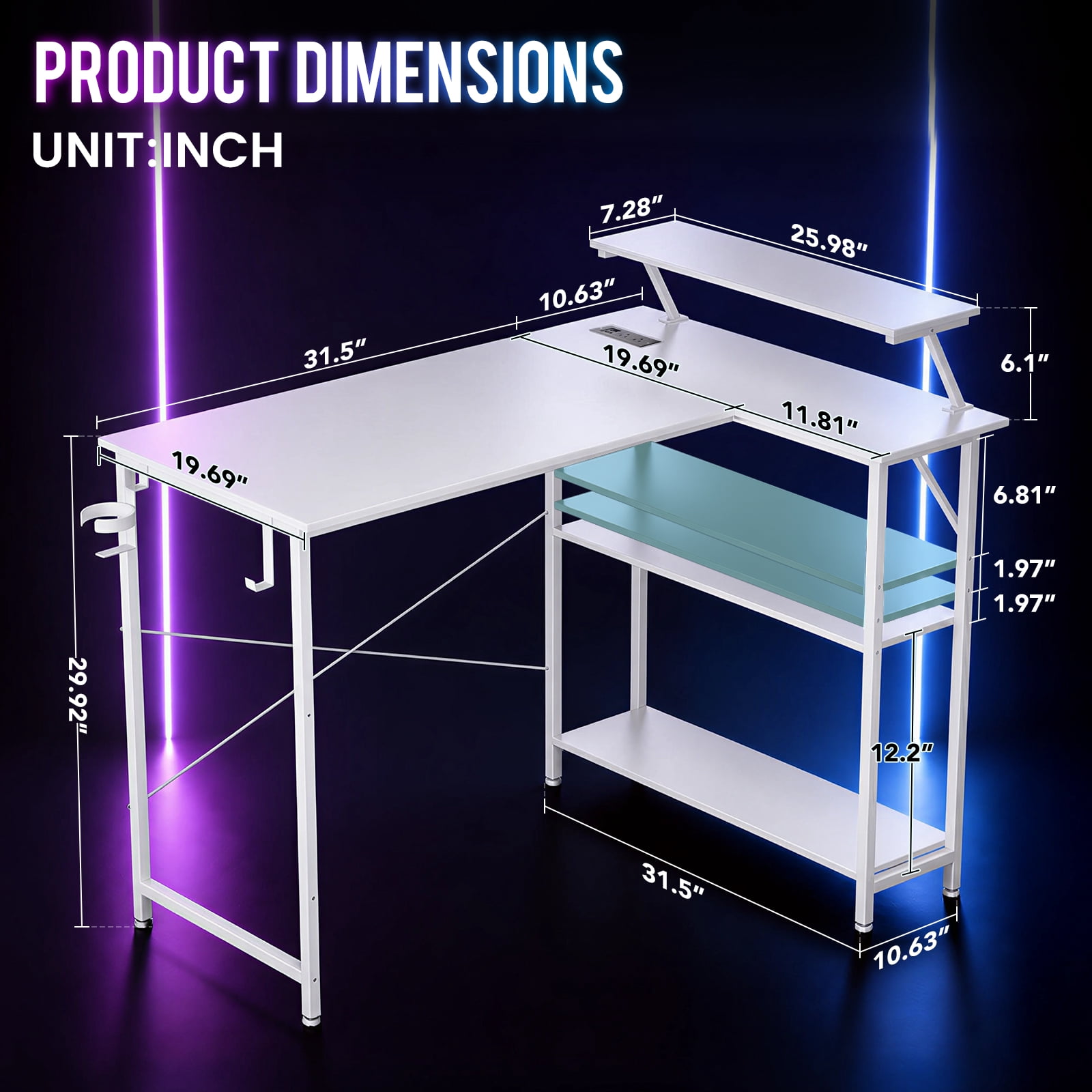 CLOUDREST PRO 42" L-Shaped Computer Desk, Power Outlets & RGB LEDs, White