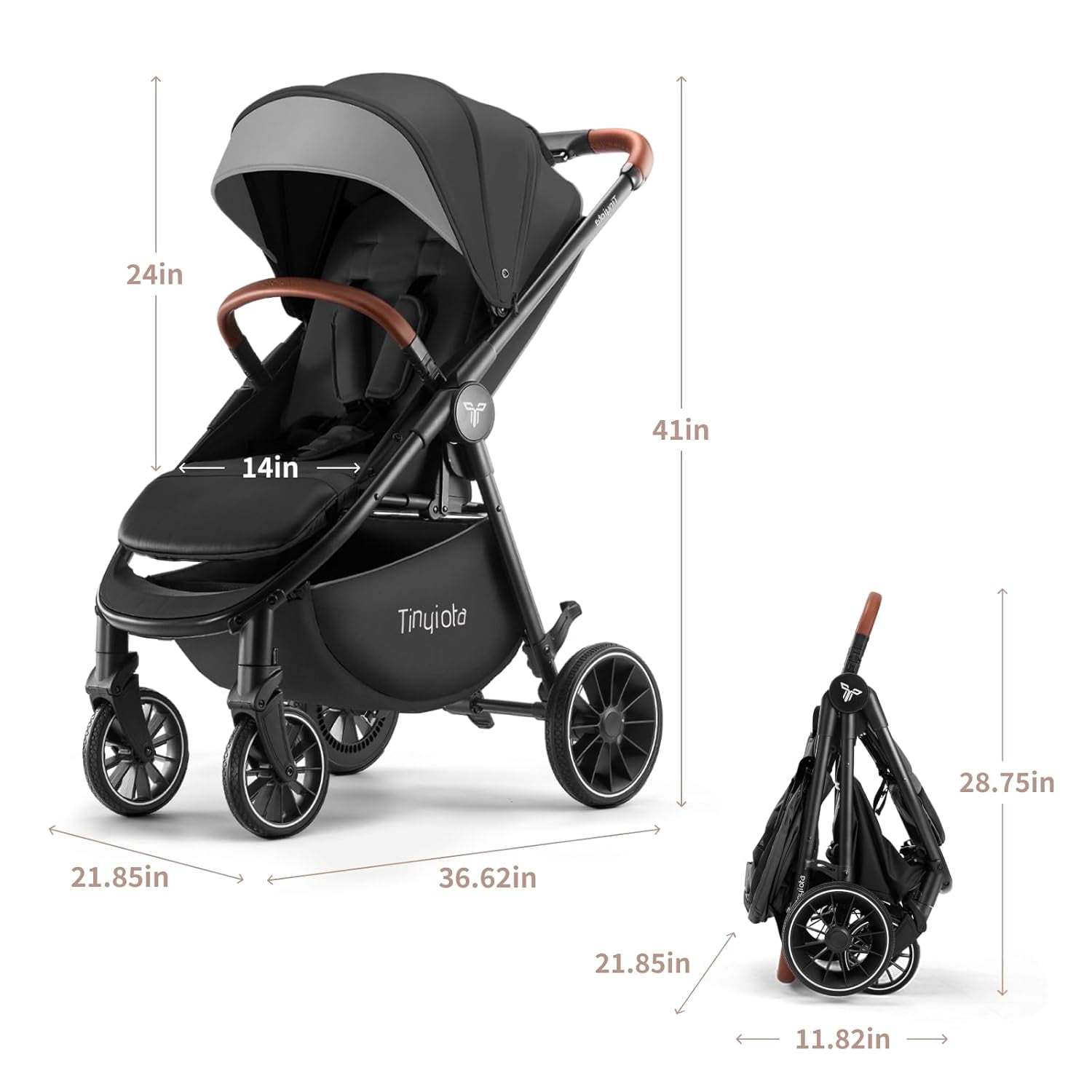 Tinyiota Baby Stroller with UPF 50+ Canopy, One-Hand Fold and Leather Handle, Black