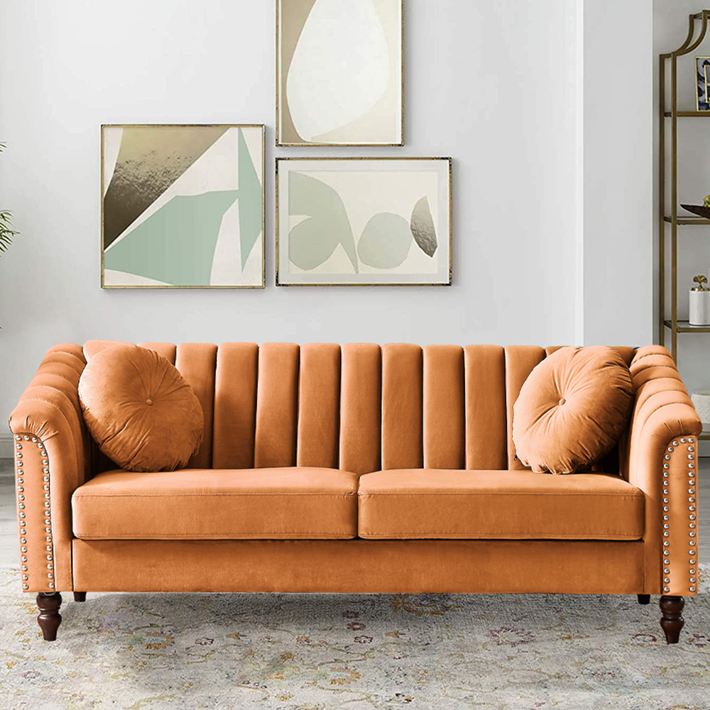 Orange Velvet Sofa, MidCentury Velvet Upholstered Sofa, KAMIDA Couch