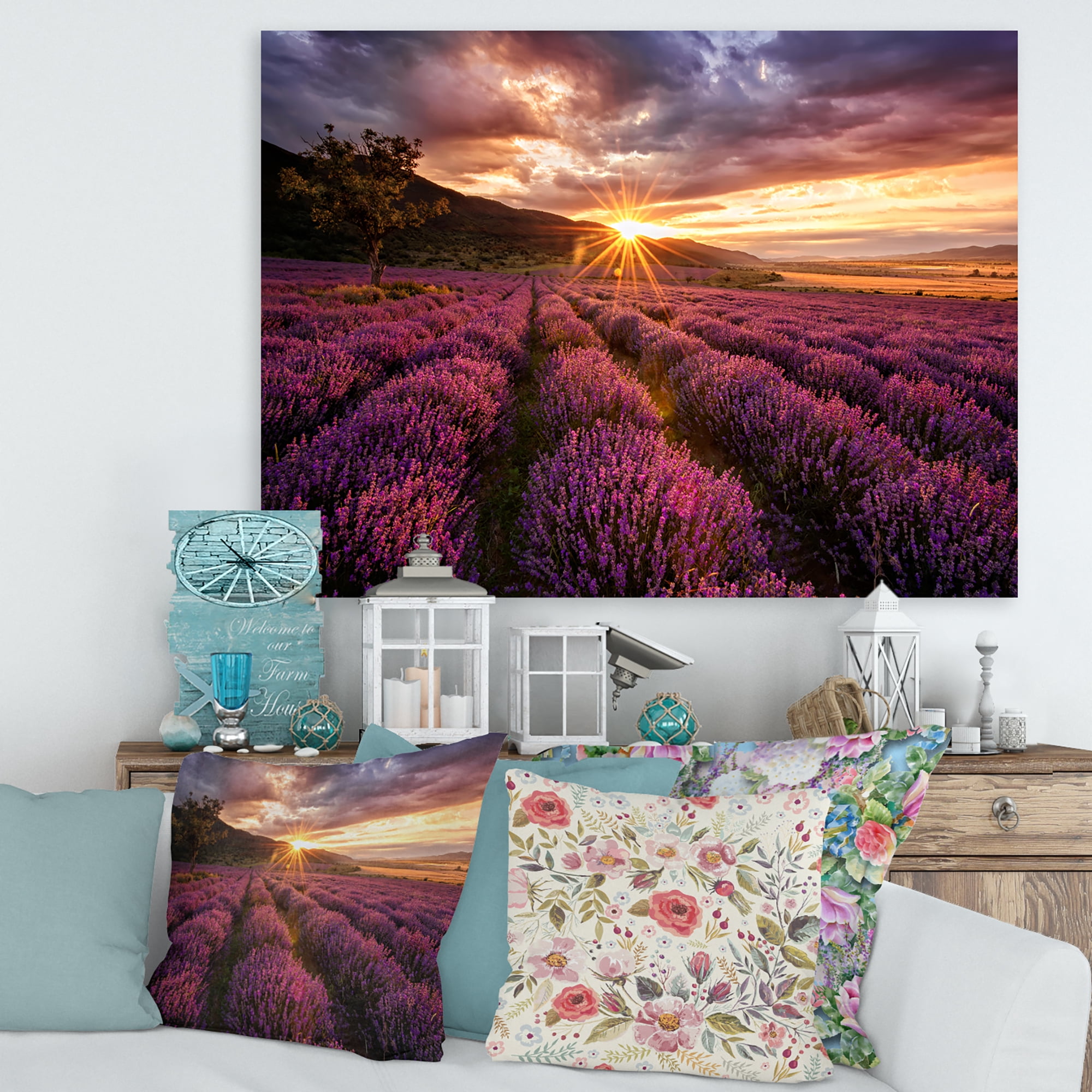 Designart ' Dramatic Clouds and Sunrise Over Lavender Field IV ' Farmhouse Canvas Wall Art Print