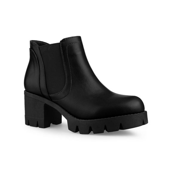 BLISSFUL STEP Women's Lug Sole Block Heel Chelsea Closed Toe Ankle Boots Black 8