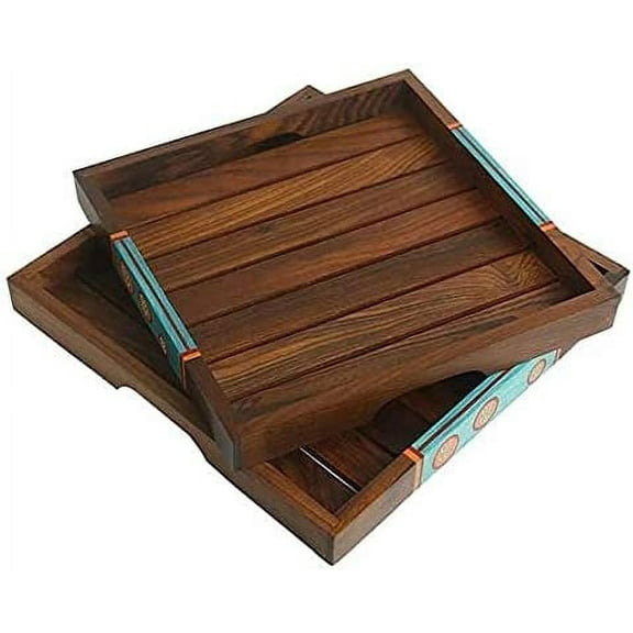 India Meets India Handmade Wooden Serving Tray/Coffee Tray/Beverages Tray [Brown - Square], Decorative Tray for Home/Living Room/ Dinning/ Office/Gifts, Set of 2 Wooden Tray w/ Curved Handle