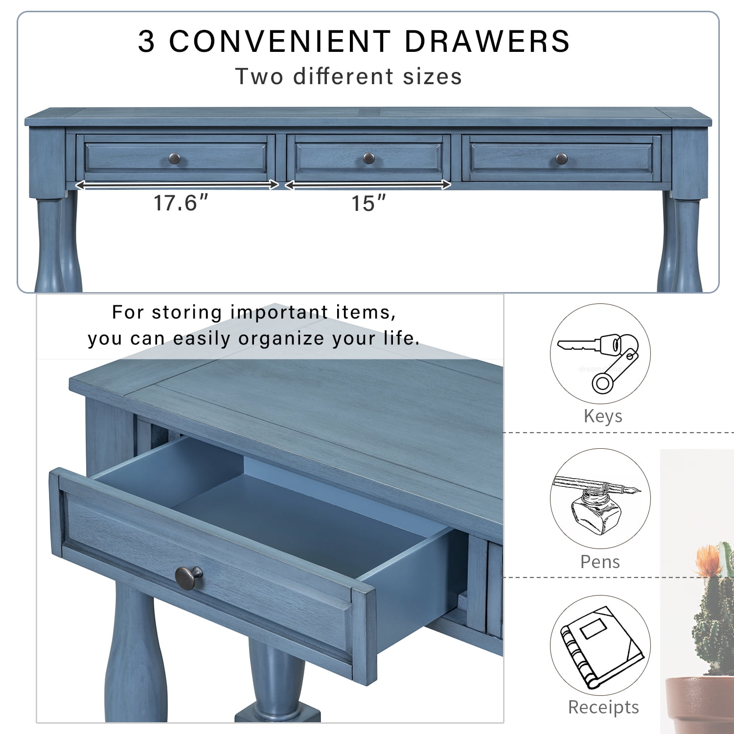 Harper & Bright Designs Console Table with Drawers and Shelf Long Sofa Table Entryway Table for Entryway Living Room Hallway, Navy