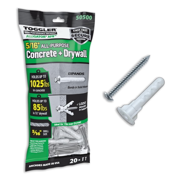 TOGGLER Alligator AF8 Flanged Anchor with Screws, Polypropylene, Made in US, for #8 to #14 Fastener Sizes Pack of 20