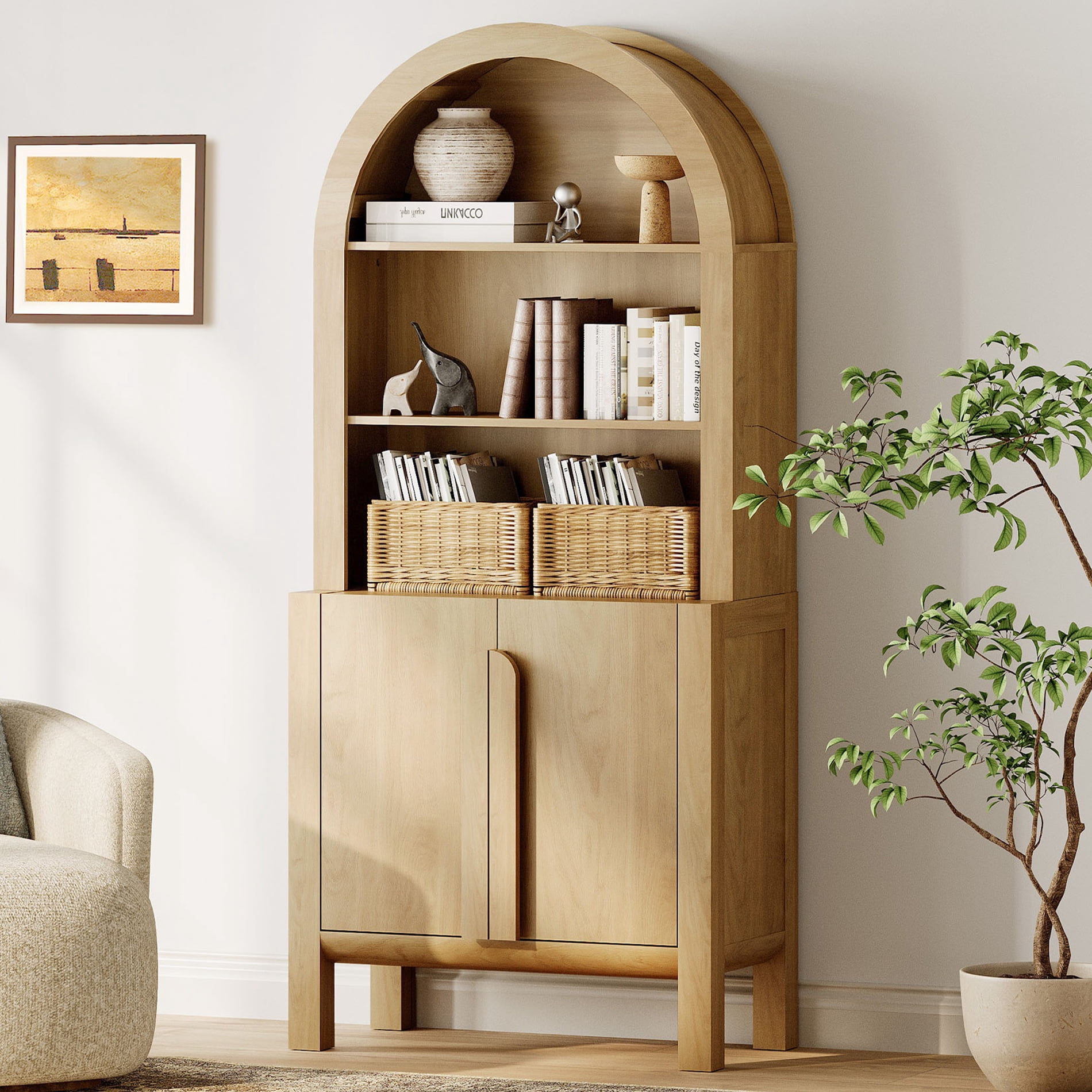 71” Tall Arched Bookshelf, Modern 5 Tier Bookcase with Cabinet, Wooden Display Cabinet with Doors and Adjustable Shelves, Versatile Bookshelf for Living Room, Study, Office