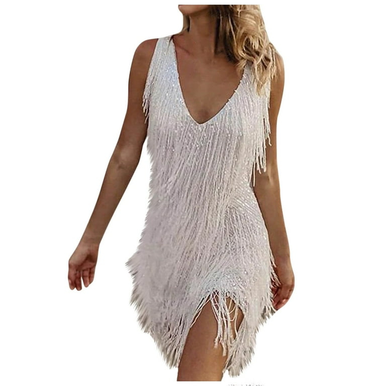 homchy White Dress Women Homecoming Tassels V NeckShort Sleeveless Slim Bodycons Mini Dress White S