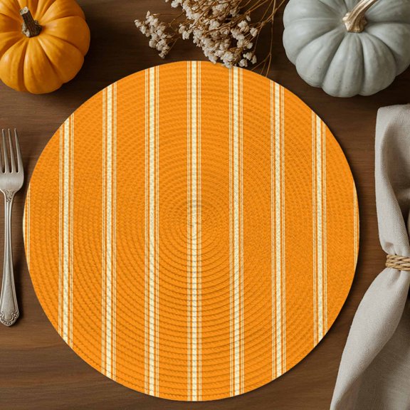 Vintage Striped Round Braided Placemats Set of 6, Orange Yellow Stripes Simple Country Heat Insulation Place Mats Washable Non-Slip Table Mats for Kitchen Dining Party, 15 Inches