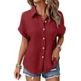 thumbnail image 4 of YDFCWXW Button Down Dressy Shirts for Womens Gauze Shirts Casual Short Sleeve Textured Collared Summer Work Blouse Clothes , XL, 4 of 8