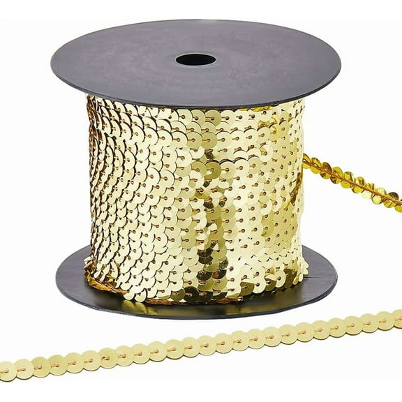 100 Yards 6MM Gold Sequin Trim Flat Sequins Beaded Ribbon Spangle Metallic Glitter Paillette Strip Trim String Bulk with Spool for Sewing Making Crafts Dresses Costume Supply Yellow