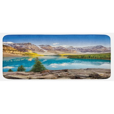 

Landscape Kitchen Mat Still Calm Lake and Mountain Landscape with Rock and Sky Dream Life Print Plush Decorative Kitchen Mat with Non Slip Backing 47 X 19 Blue Green Grey by Ambesonne