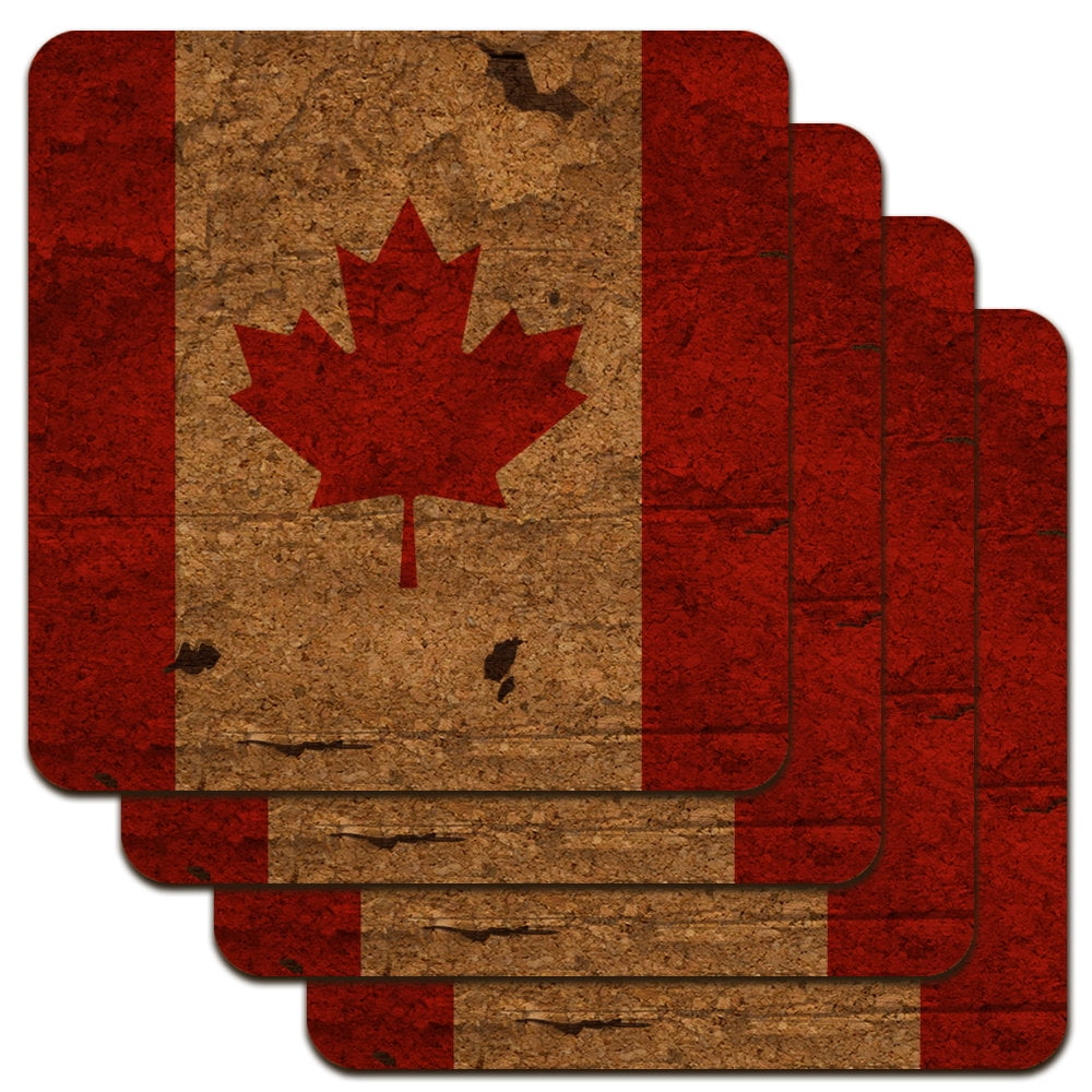 Rustic Distressed Canada Flag on Wood Low Profile Novelty Cork Coaster Set