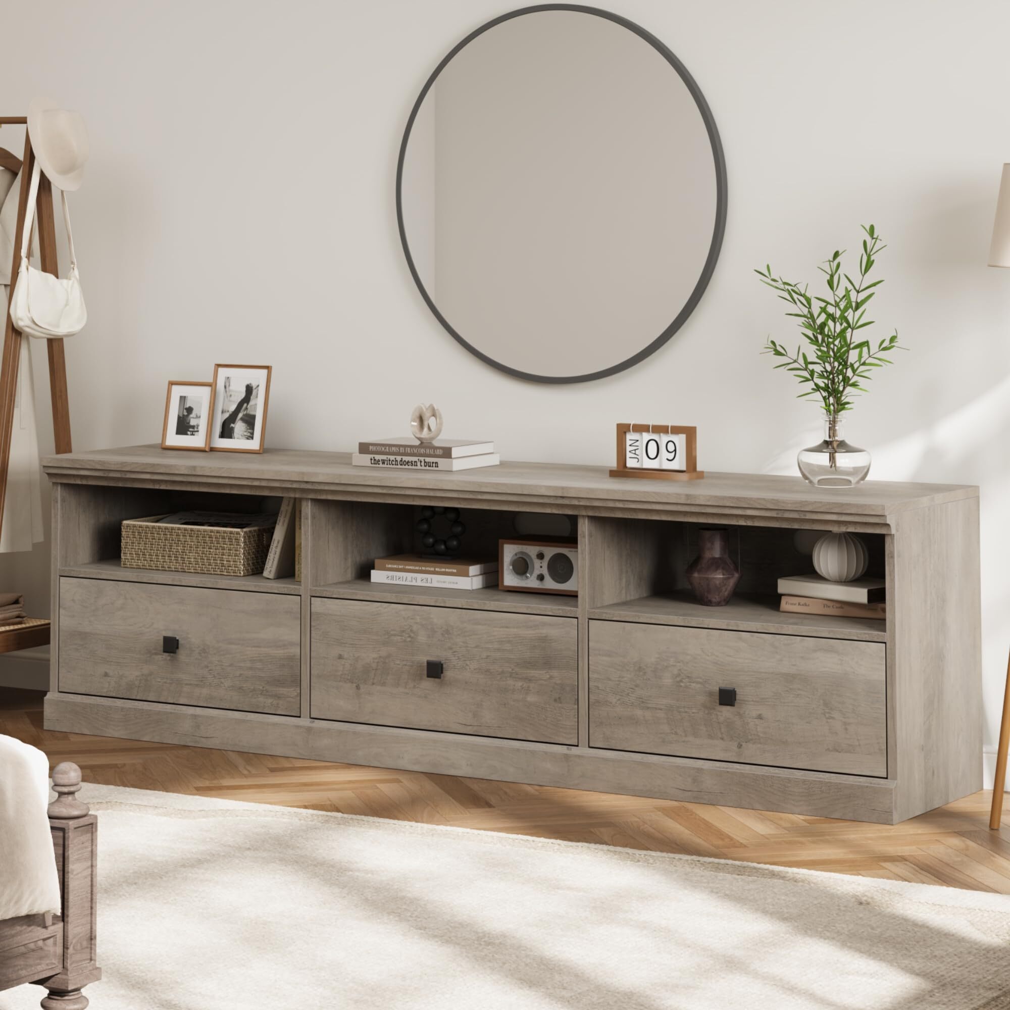 Emorefun 70 Inch Farmhouse TV Stand, Entertainment Center with Storage Drawer & Open Shelves for TVs up to 75 Inch, Gray