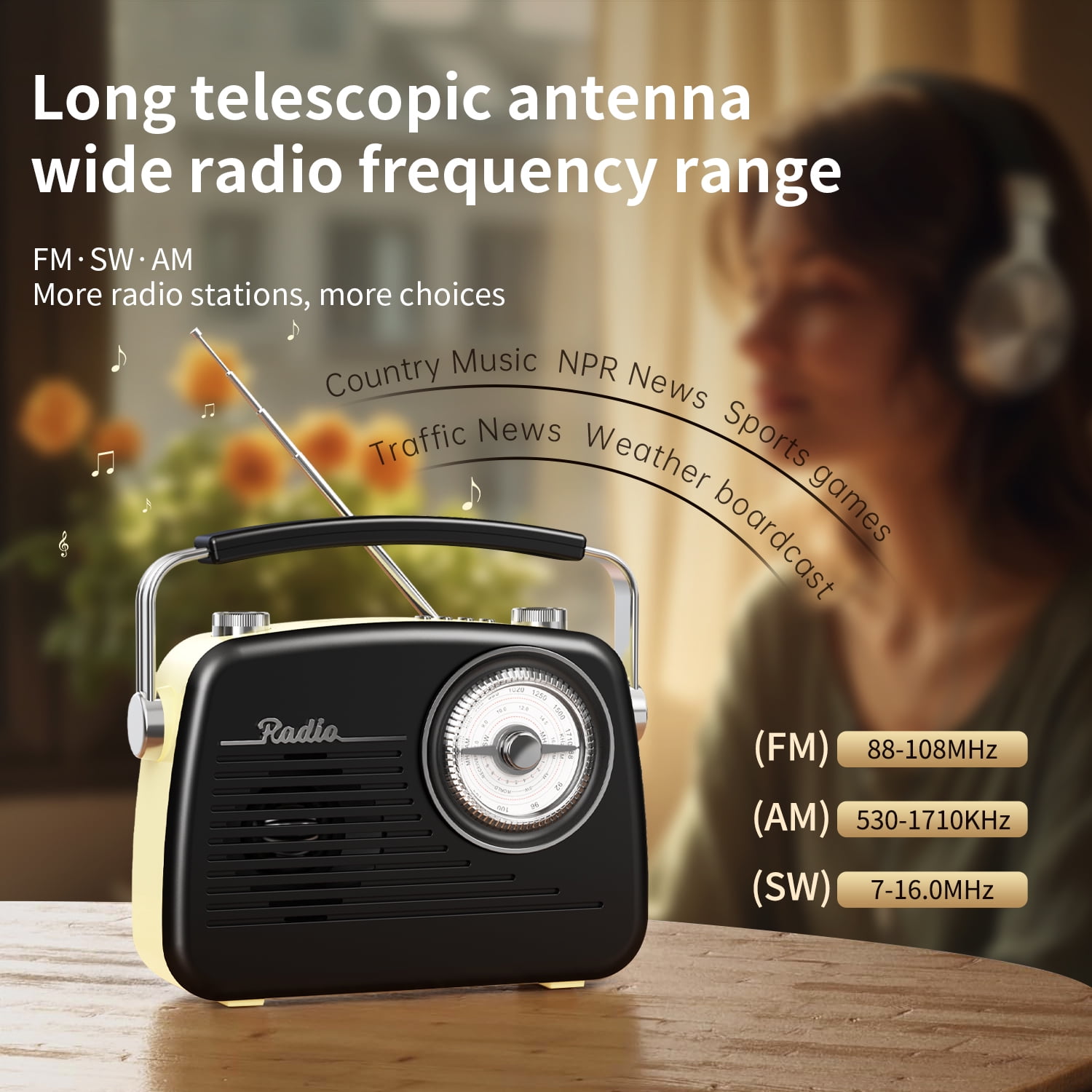 UMUTOO Portable Radio AM FM SW, Small Vintage Retro Radios with Headphone Jack, Rechargeable Battery Bluetooth Speaker, for Home, Outdoor, Gifts, Elderly