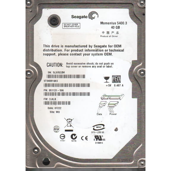 ST940814AS, 5LX, WU, PN 9S1131-506, FW 3.ALB, Seagate 40GB SATA 2.5 Hard Drive