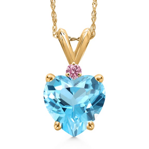 Gem Stone King 14K Yellow Gold Swiss Blue Topaz and Pink Lab Grown Diamond Pendant Necklace for Women | 2.34 Cttw | Gemstone November Birthstone | Heart Shape 8MM | With 18 inch Chain