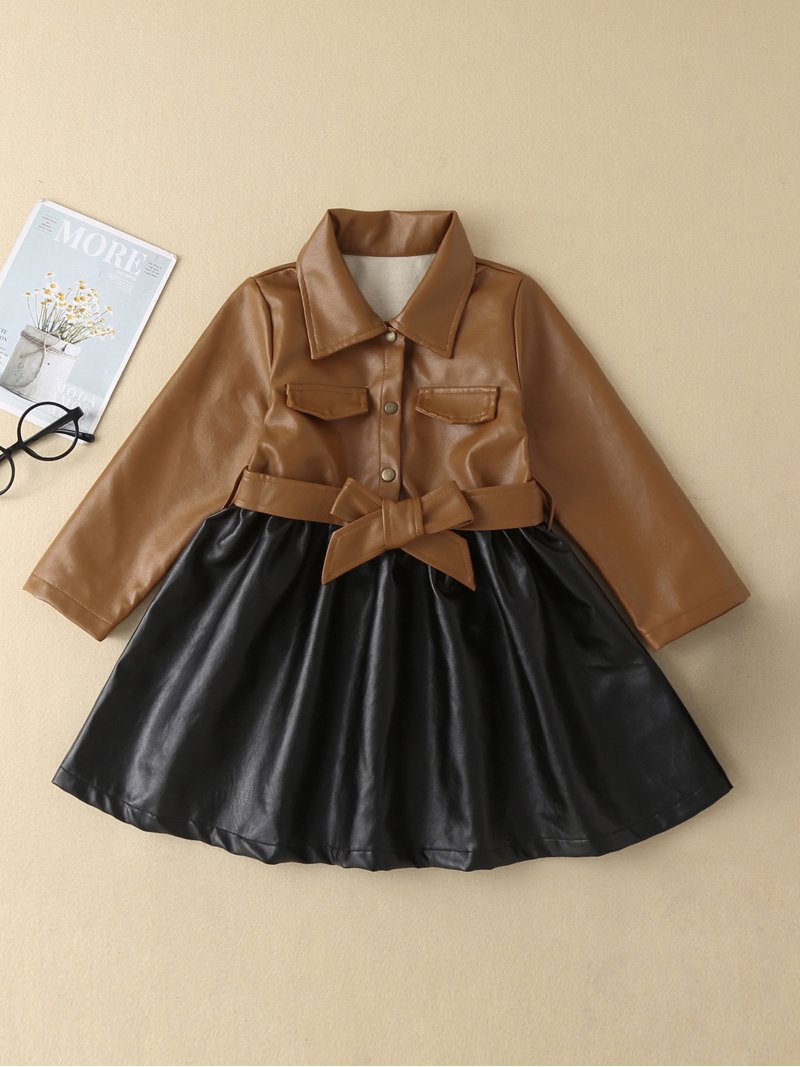Kiapeise Little Girls PU Leather Dress Fall Winter Turn Down Patchwork High  Waist Pleated Tutu Skirt