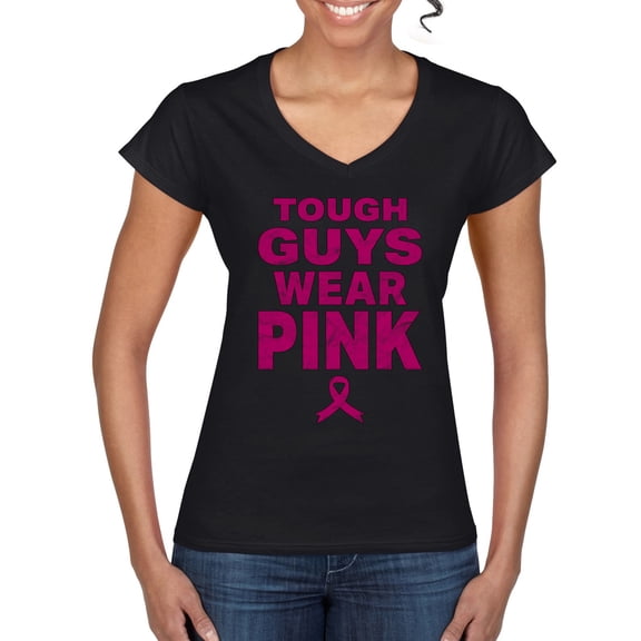 Wild Bobby Tough Guys Wear Pink Distressed Breast Cancer Awareness Women Standard V-Neck Tee, Black, Small