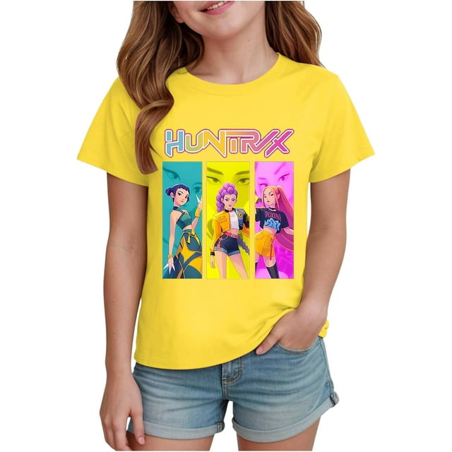 K pop Demon Chandail pour Filles, T-Shirt Graphique Mignon avec Dessin Animé, T-Shirt Tendance et Drôle, Chandail pour Enfants, Hauts Roses, Manches Courtes, Col Ras du Cou