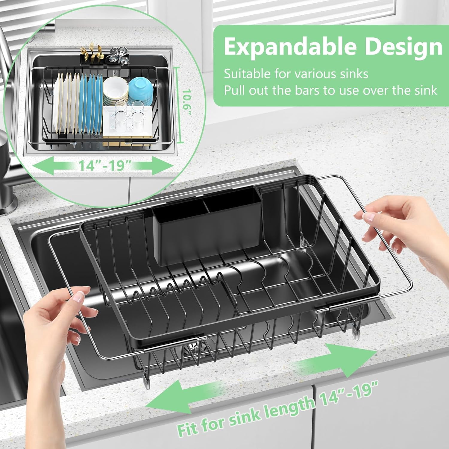 Expandable Dish Drying Rack- Space-Saving Dish Rack, Dish Drainers for Kitchen Counter with a Cutlery Holder, Over The Sink Dish Racks Fit for 14’’-19’’ Kitchen Sink