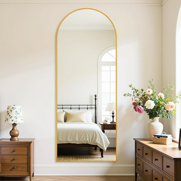 Full Length Mirror, 58x18 Inches Oversized Floor Mirror with Stand, Arched Style, Gold