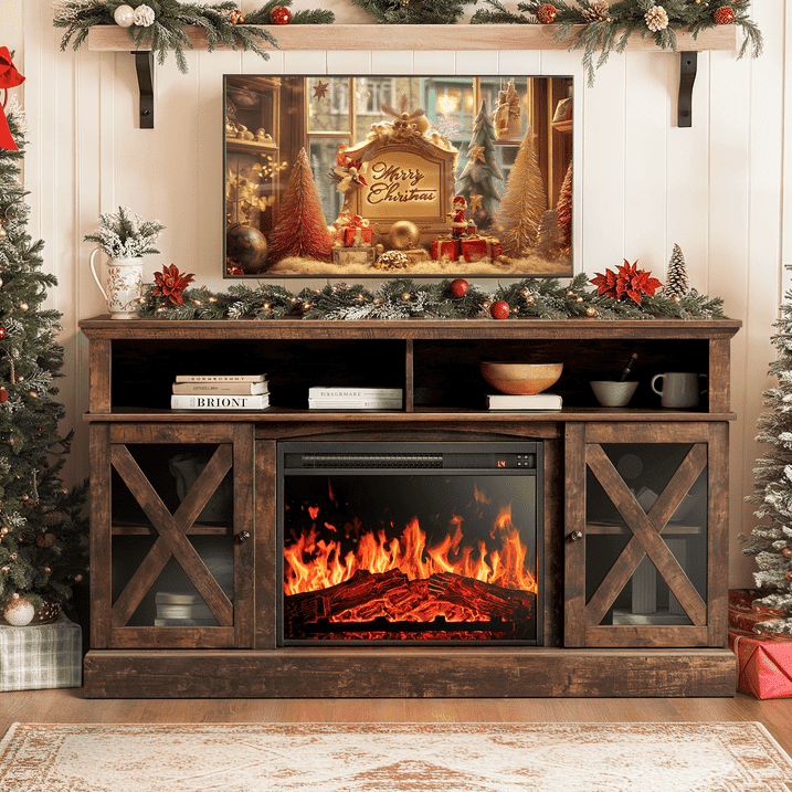 Electric Fireplace TV Stand for 75 inch TVs Farmhouse TV Console with 23″ Fireplace, Vintage Brown