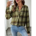 thumbnail image 5 of Women'S V Neck Plaid Shirts Dressy Casual Button-Down Business Work Boho Tops Long Sleeve Fall Outfits Grass Green L, 5 of 9