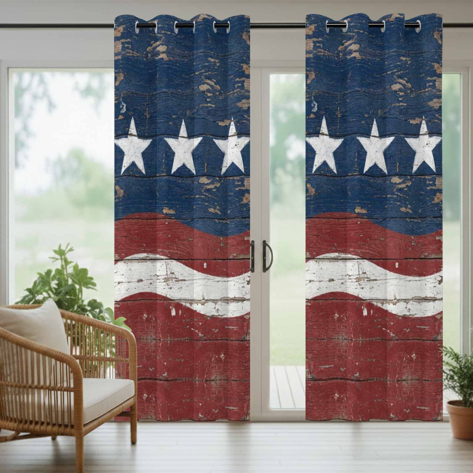 Independence Day Outdoor Curtains for Patio, Vintage American Flag Retro Blue Red Wave Wood Grain Sunshade Privacy Drapes Grommet Waterproof Outside Curtains for Porch Balcony 54"x108", 1 Panel
