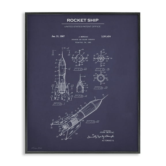 Stupell Industries Rocket Ship Blueprint Transportation Painting Black Framed Art Print Wall Art, 11 x 14