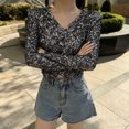 thumbnail image 4 of Plus Size Women's V-Neck Long Sleeve Sequin Decorative Fashion Crop Top with Buttons, 4 of 7