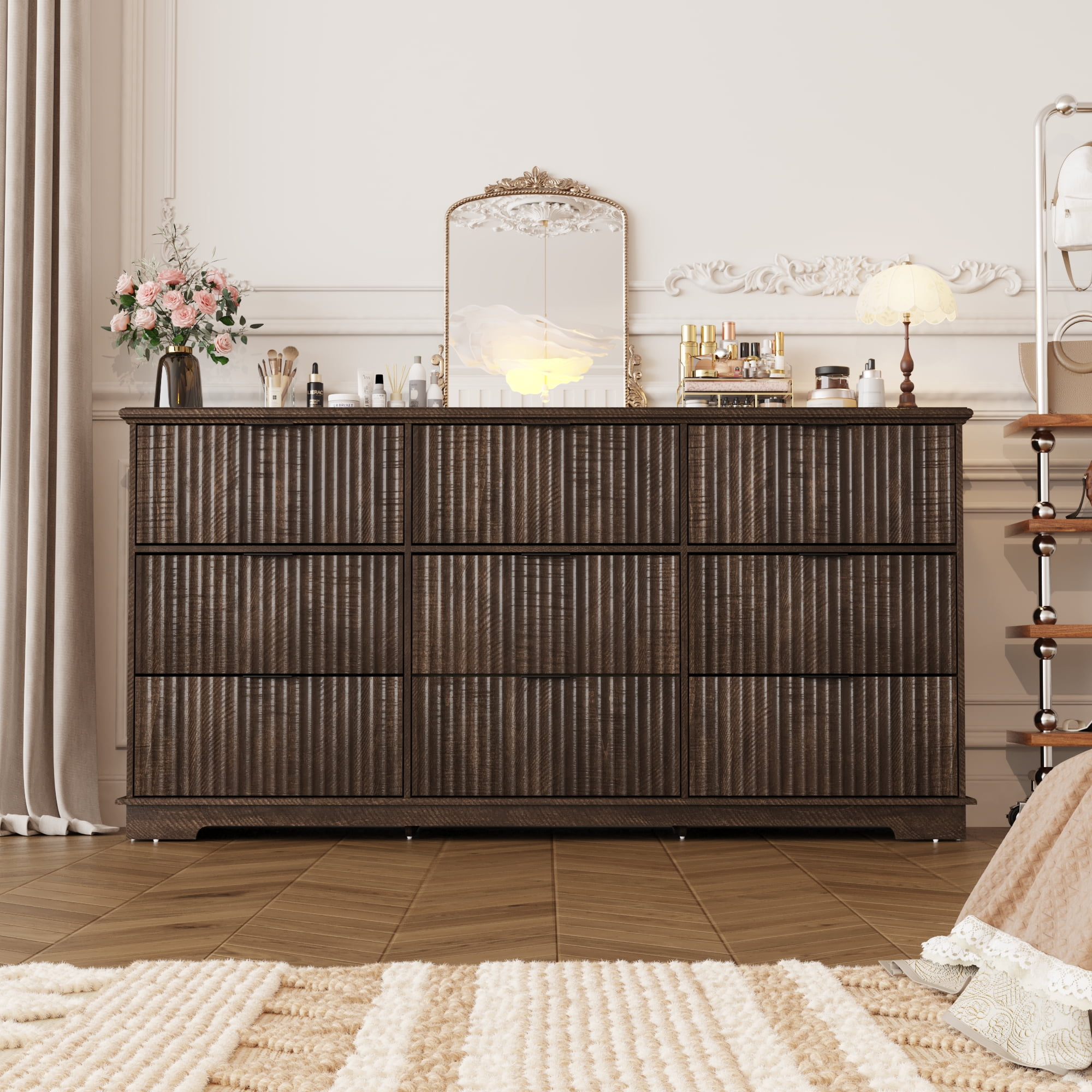 ChVans Farmhouse 9 Drawers Dresser with Power Outlets, 63'' Wide Wood Chest of Drawers w/Fluted Texture, Deep Drawer Dresser Storage Organizer for Bedroom, Living Room, Entryway, Hallway, Brown