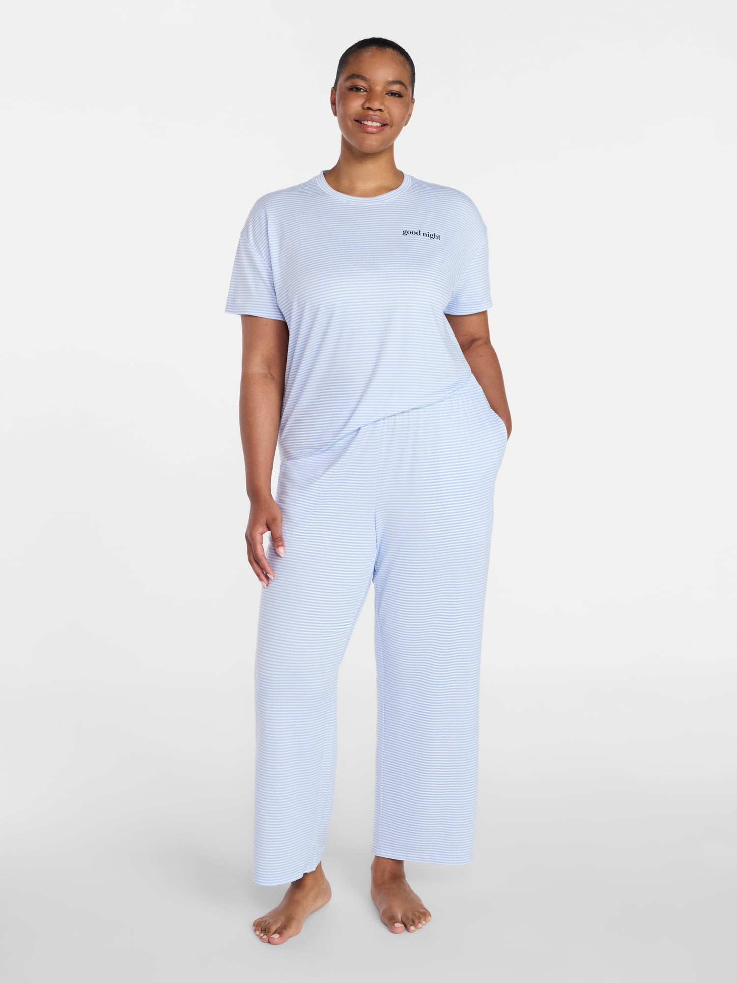 Joyspun Women's Dreamy Soft Collection Short Sleeve Sleep Top and Open Leg Pants Pajama Set, 2-Piece, Sizes XS-3X