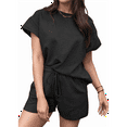 thumbnail image 1 of Women's 2 Piece Solid Color Round Neck Casual Textured Fabric Short Sleeve Pajamas Sweatsuit Set, 1 of 7