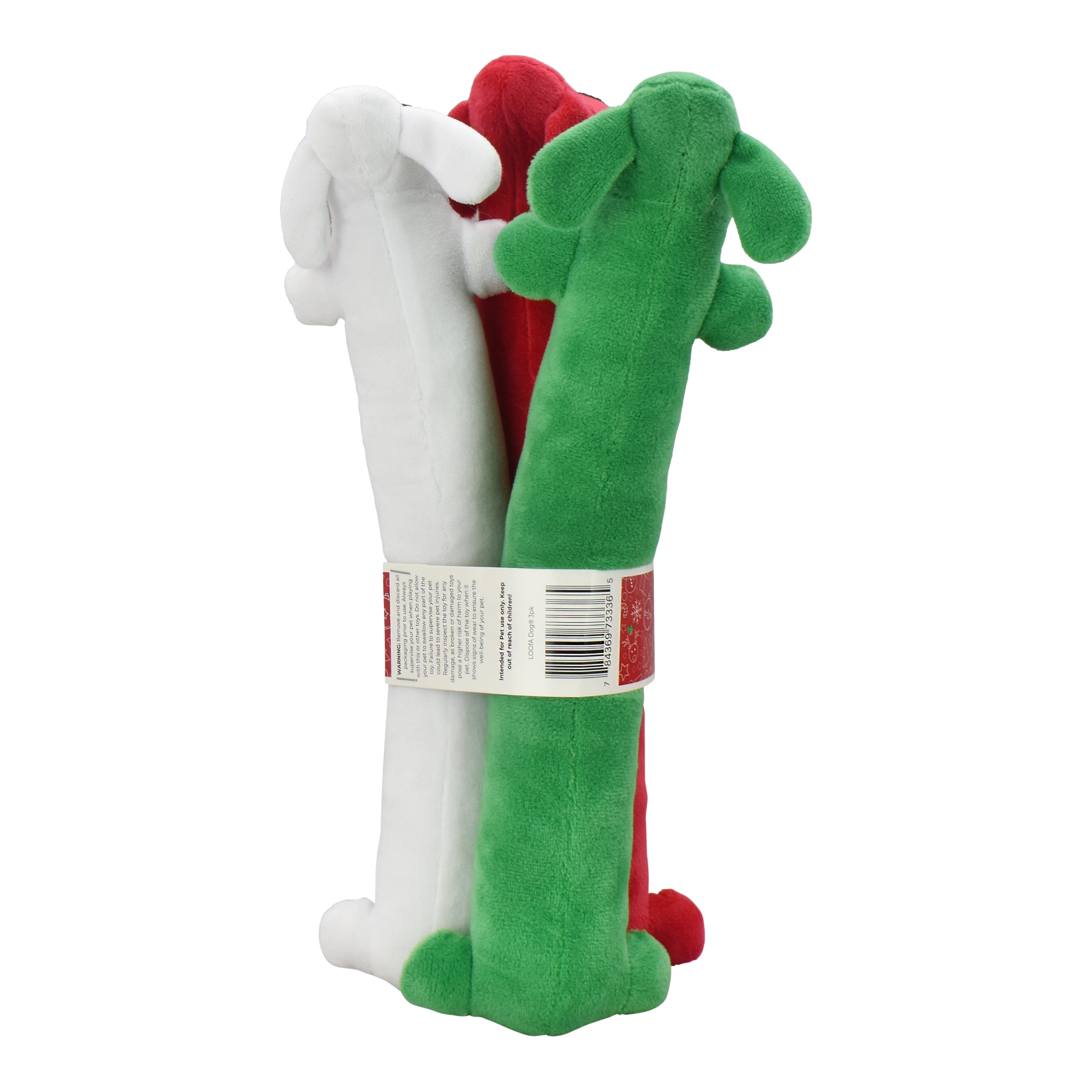 Multipet Plush Holiday Loofa Dog Toys, Stuffing & Squeaker, 3 Pack with Red, White & Green