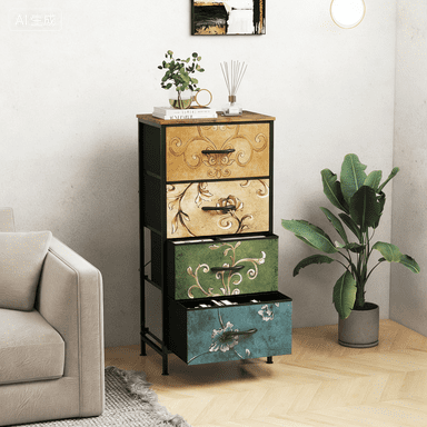 edx Fabric Dresser with 4 Drawers, Retro Flower Design, Chest of