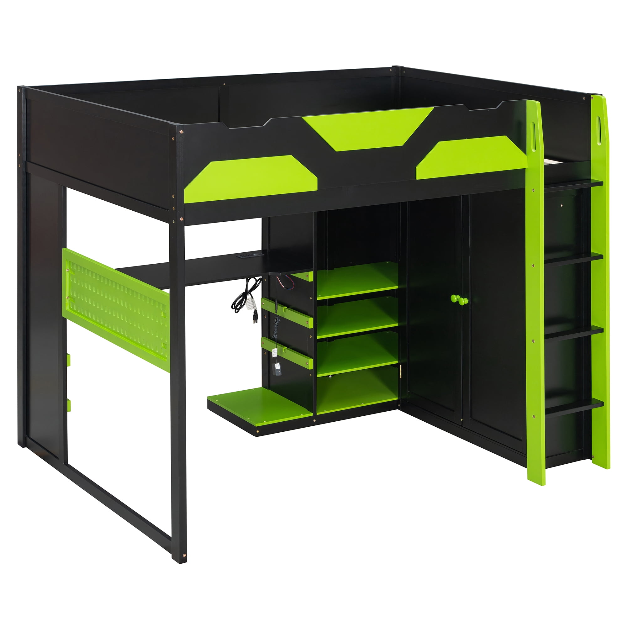 Mintazer Full Gaming Loft Bed with Adjustable Desk & Wardrobe, Modern Loft Bed with RGB Lights & Storage Pegboard, Black & Green