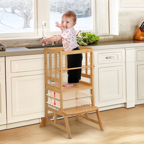 Cosyland Wooden Toddler Standing Tower Adjustable Height Kids Step Stool with Removable Safety Rail Non-Slip Feet Natural