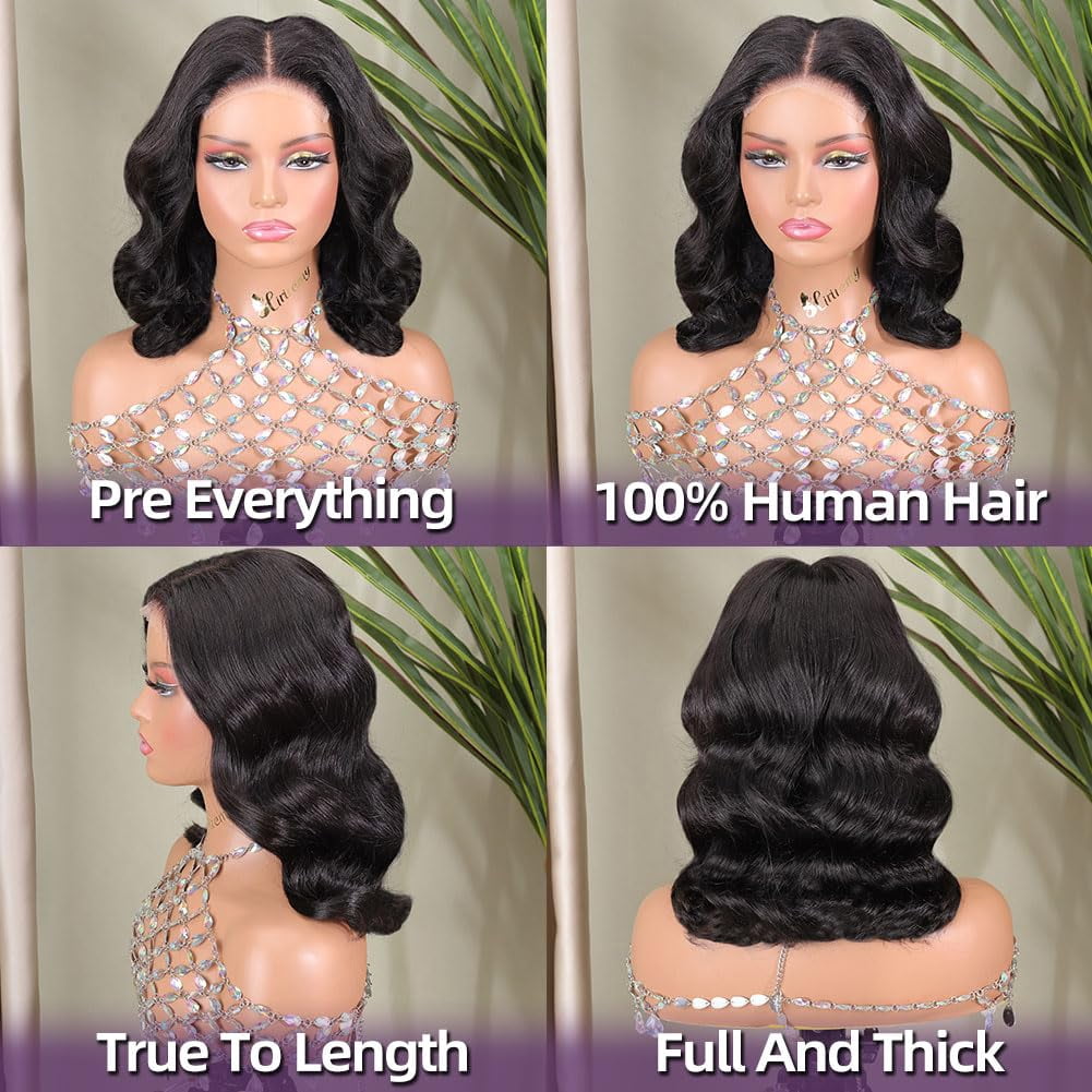 4x4 Wear and Go  Lace Closures Wigs Human Hair Natural Black Color Body Wave  Bob Human Hair Wigs for Black Women  Wet and Wavy Human Hair Bob Wigs ,No glue,easy to wear