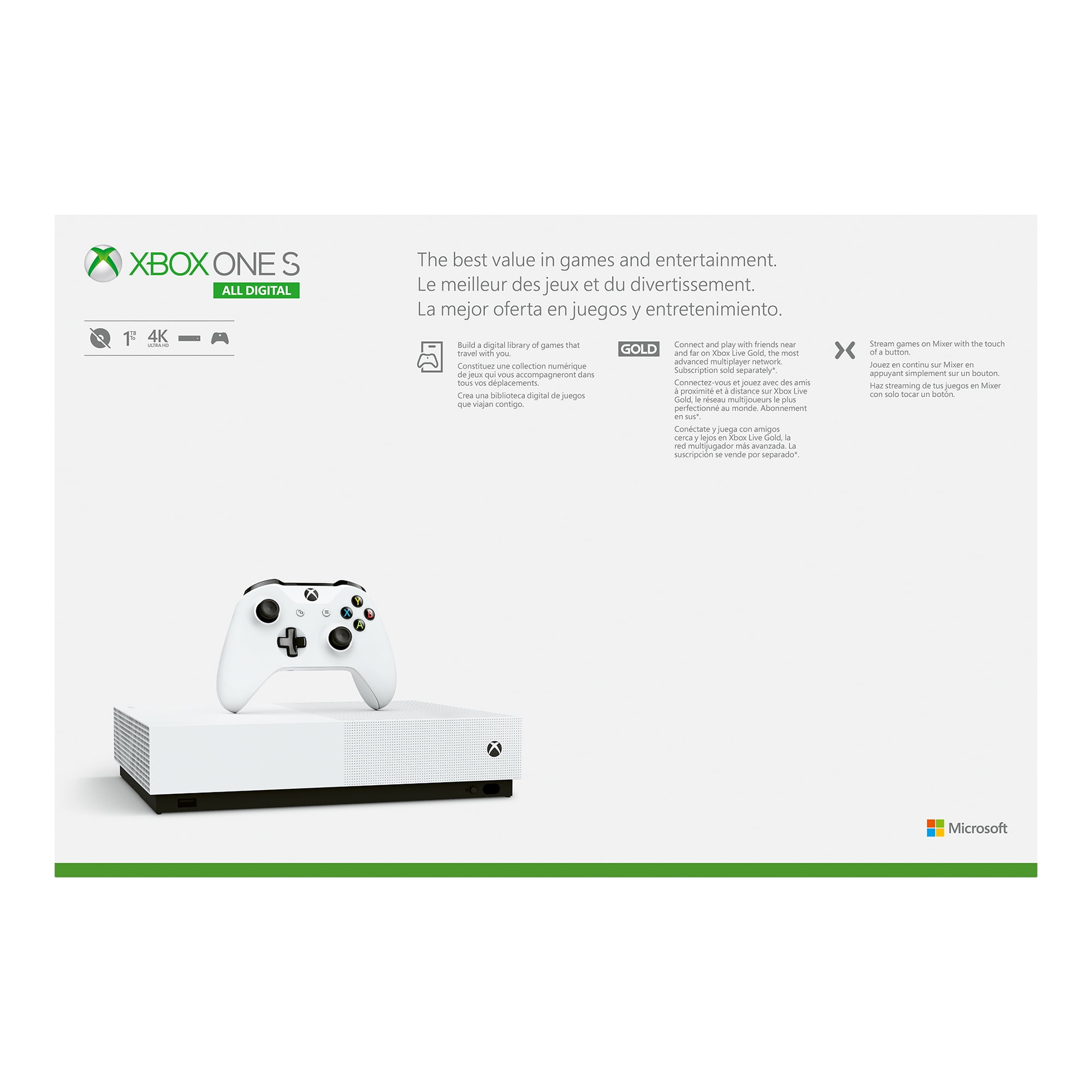 Eigenlijk Adolescent Vermenigvuldiging Microsoft Xbox One S 1TB All Digital Edition 3 Game Bundle (Disc-free  Gaming), White, NJP-00050 - Walmart.com