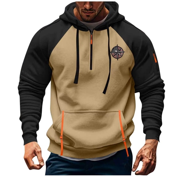 Riecok Cargo Hoodie Men Raglan Sleeve Pullover Zip Up Tops with Pockets Color Block Casual Athletic Clothes Drawstring