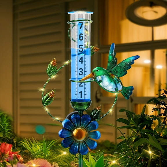 Solar Rain Gauge,Hummingbird Rain Gauge,With Metal Stake,Outdoor Decor with Blue Floral Accents for Garden,Patio,Yard Decoration
