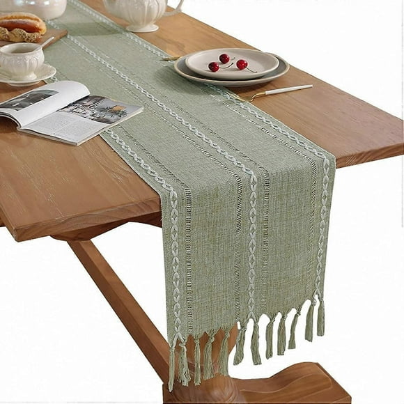 Sage Green Table Runners Weave Stripes Table Runner with Tassel Suitable for Dining Table Wedding Table Decoration, 13 * 72 inch/33 * 183 cm
