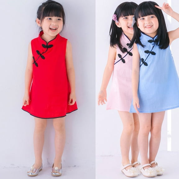 Summer Baby Girls Classic Cheongsam Baby Toddler Kids Sleeveless Chinese Qipao Dress, Red