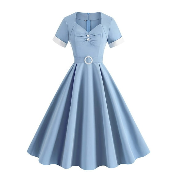 Women Vintage Dress 50s V-Neck A-line Dress 80s Fancy Dress Pleated Swing Party Dresses Bandeau Evening Dress Ladies Elegant Wedding Guest Gown Blue XL