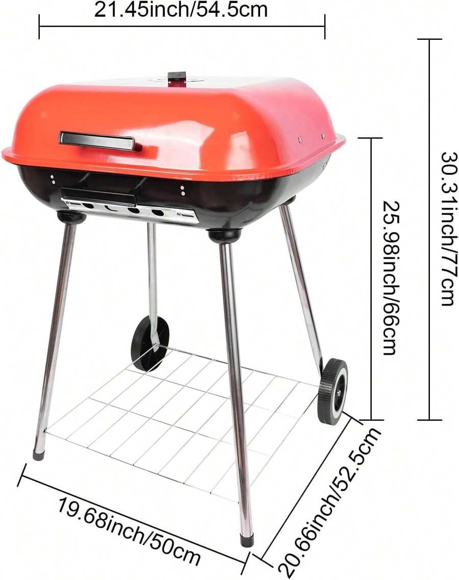22inch Portable Charcoal Grill, Red Charcoal Grill With Portable Wheel And Handle, Suitable Cooking, Camping And Picnic(Red)