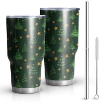 30oz Dark Green Christmas Tree and Star Pattern Tumblers Stainless Steel Tumbler with Lid and Straw,Vacuum Insulated Double Wall Travel Tumbler Cups Mug with Cleaning Brush for Coffee,Tea