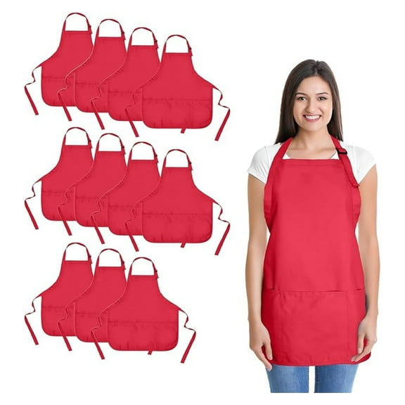 Cotton Kitchen Aprons 12 Pack - Red Bib Aprons with 3 Pockets - 22x24 Inch Adjustable Strap - Restaurant, Home, Cooking, Crafting