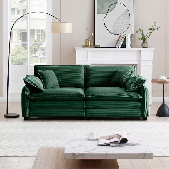 Modern and Cozy 2-Seater Sofa with 4 Pillows, Green Corduroy (220×80×75cm)